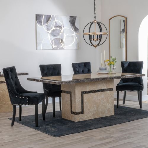 Venice Cream Marble Dining Set - Knocker Back Black Velvet Fabric Dining Chair with Black Wooden Legs