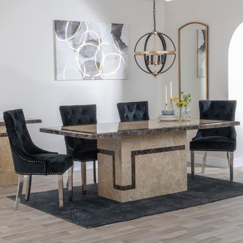 Venice Cream Marble Dining Set - Knocker Back Black Velvet Fabric Dining Chair with Chrome Legs