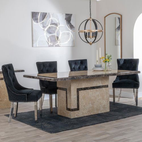 Venice Cream Marble Dining Set - Lion Knocker Back Black Velvet Fabric Dining Chair with Chrome Legs