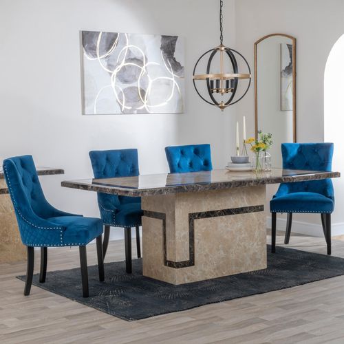Venice Cream Marble Dining Set - Lion Knocker Back Blue Velvet Fabric Dining Chair with Black Wooden Legs