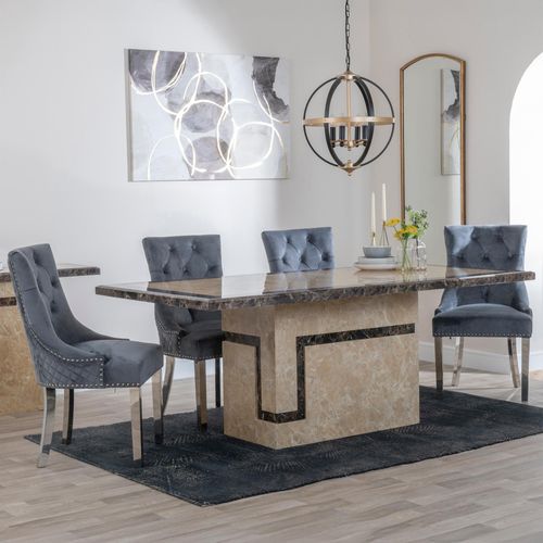 Venice Cream Marble Dining Set - Lion Knocker Back Grey Velvet Fabric Dining Chair with Chrome Legs