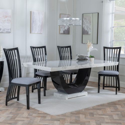 Madrid White Marble Dining Set - Athena Black High Gloss Slatted Back Dining Chair with Grey Seat Pads