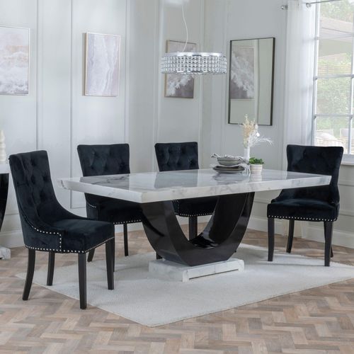 Madrid White Marble Dining Set - Knocker Back Black Velvet Fabric Dining Chair with Black Wooden Legs