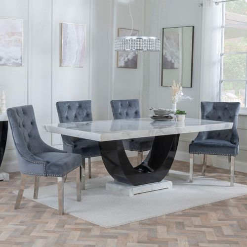 Madrid White Marble Dining Set - Knocker Back Grey Velvet Fabric Dining Chair with Chrome Legs