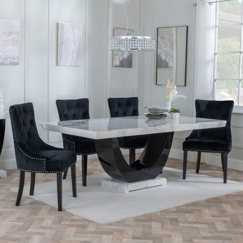 Madrid White Marble Dining Set - Lion Knocker Back Black Velvet Fabric Dining Chair with Black Wooden Legs