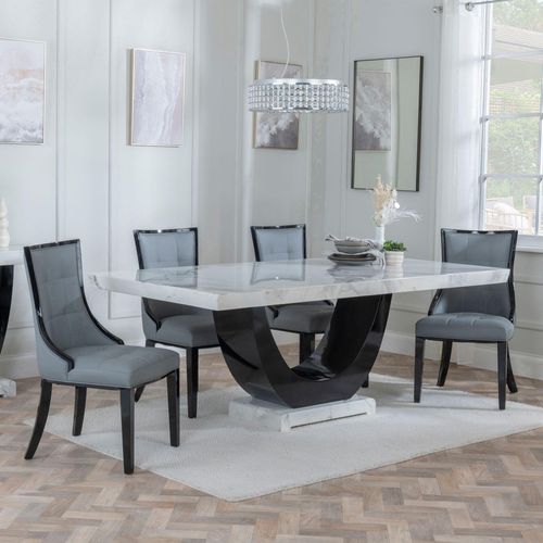 Madrid White Marble Dining Set - Paris Grey Leather Dining Chair with Black Legs