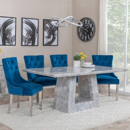 Milan Grey Marble Dining Set - Knocker Back Blue Velvet Fabric Dining Chair with Chrome Legs