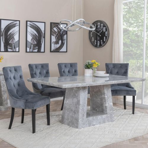 Milan Grey Marble Dining Set - Knocker Back Grey Velvet Fabric Dining Chair with Black Wooden Legs
