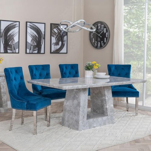 Milan Grey Marble Dining Set - Lion Knocker Back Blue Velvet Fabric Dining Chair with Chrome Legs