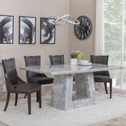 Milan Grey Marble Dining Set - Paris Brown Leather Dining Chair with Brown Legs