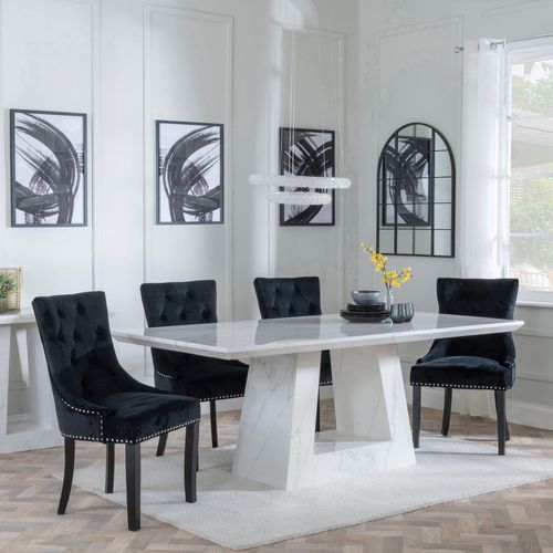 Milan White Marble Dining Set - Knocker Back Black Velvet Fabric Dining Chair with Black Wooden Legs