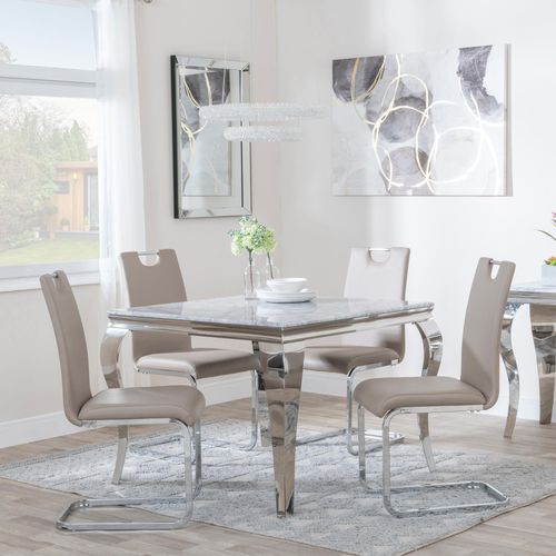 Louis 4 Seater Grey Marble and Chrome Square Dining Set - 4 Bianco Beige Faux Leather Dining Chair