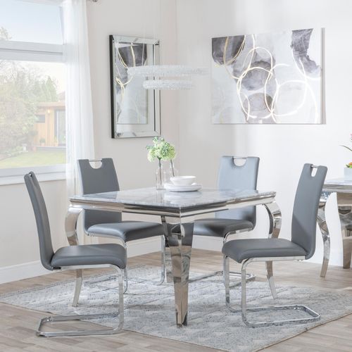 Louis 4 Seater Grey Marble and Chrome Square Dining Set - 4 Bianco Grey Faux Leather Dining Chair