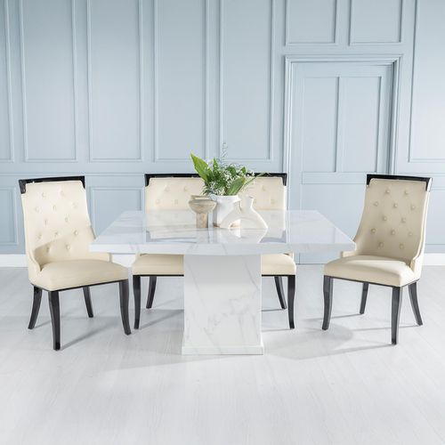 Turin White Marble Square Dining Set - Carmela Cream Faux Leather Chair
