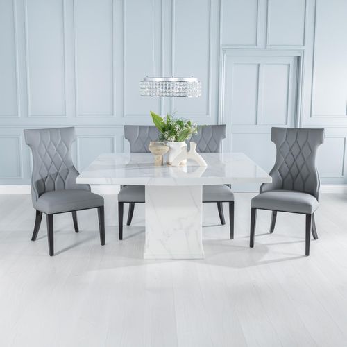 Turin White Marble Square Dining Set - Mimi Grey Faux Leather Chair
