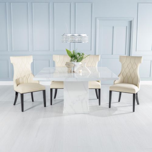 Turin White Marble Square Dining Set - Mimi Cream Faux Leather Chair