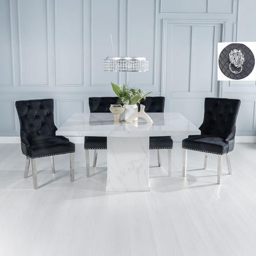 Turin White Marble Square Dining Set - Black Fabric Lion Head Ring Back Dining Chair with Chrome Legs