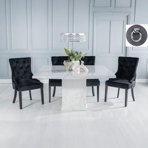 Turin White Marble Square Dining Set - Black Fabric Knocker Back Dining Chair with Black Legs