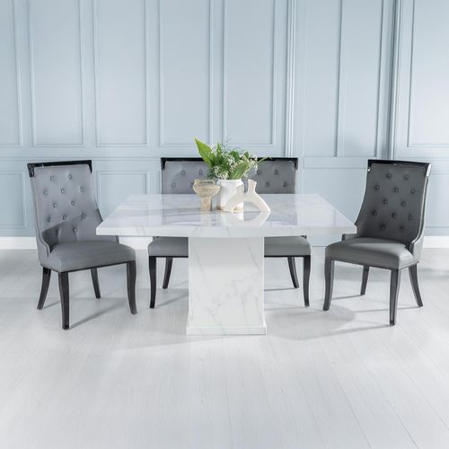 Turin White Marble Square Dining Set - Carmela Grey Faux Leather Chair
