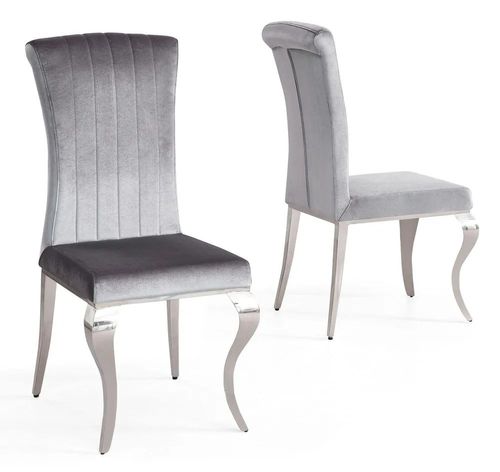 Louis Grey Velvet Fabric Dining Chair with Chrome Legs