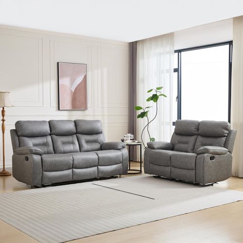 Hayley Grey Fabric 3+2 Seater Manual Recliner Sofa Set