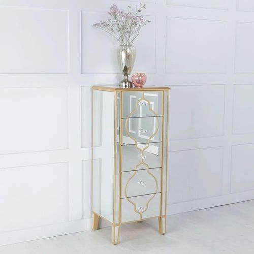 Casablanca Mirrored Gold Trim 5 Drawer Narrow Chest