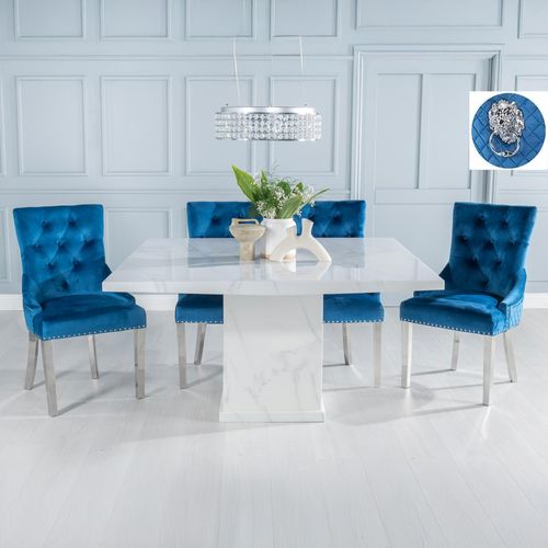 Turin White Marble Square Dining Set - Blue Fabric Lion Head Ring Back Dining Chair with Chrome Legs