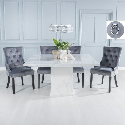 Turin White Marble Square Dining Set - Grey Fabric Knocker Back Dining Chair with Black Legs