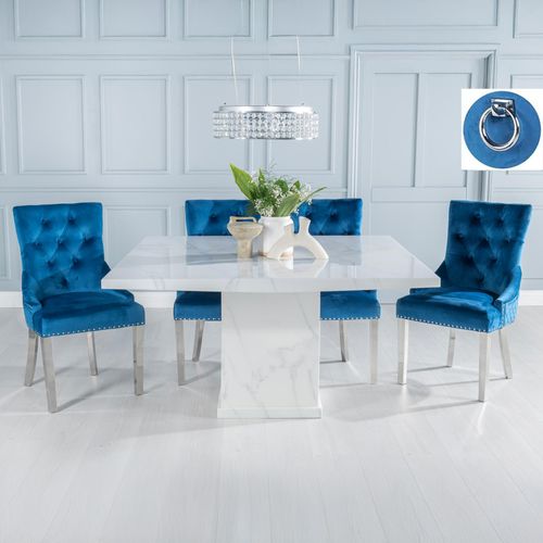 Turin White Marble Square Dining Set - Blue Fabric Knocker Back Dining Chair with Chrome Legs