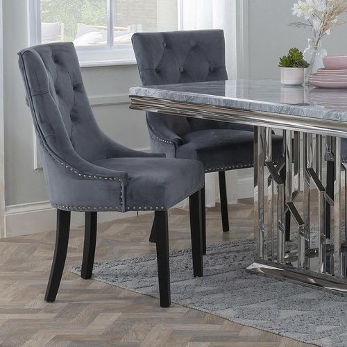 Knocker Back Grey Velvet Fabric Dining Chair with Black Wooden Legs