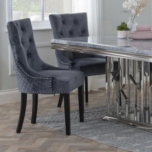 Lion Knocker Back Grey Velvet Fabric Dining Chair with Black Wooden Legs