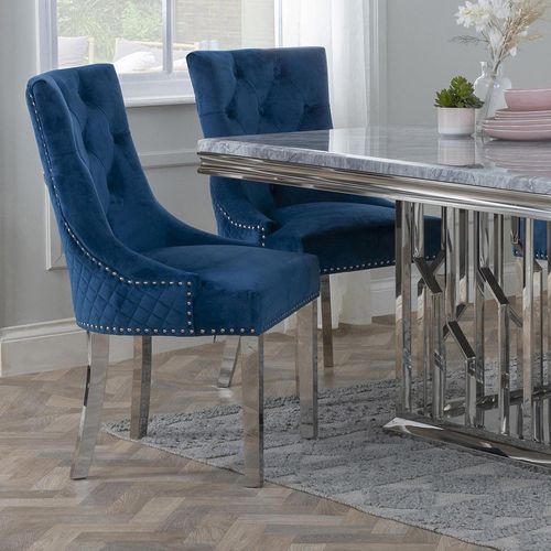 Lion Knocker Back Blue Velvet Fabric Dining Chair with Chrome Legs