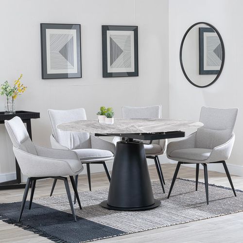 Carrara Grey Ceramic 4 Seater Round Extending Dining Set - 4 Ace Beige Fabric Swivel Dining Chair