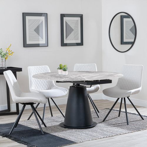 Carrara Grey Ceramic 4 Seater Round Extending Dining Set - 4 Boden Cream Fabric Swivel Dining Chair