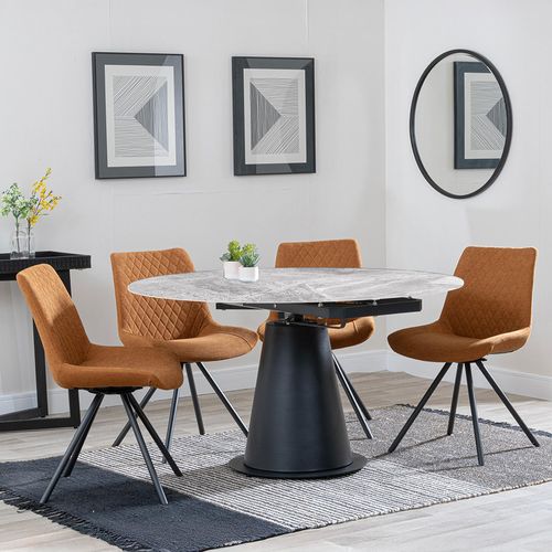 Carrara Grey Ceramic 4 Seater Round Extending Dining Set - 4 Boden Orange Fabric Swivel Dining Chair