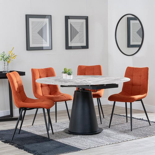 Carrara Grey Ceramic 4 Seater Round Extending Dining Set - 4 Corona Orange Fabric Dining Chair