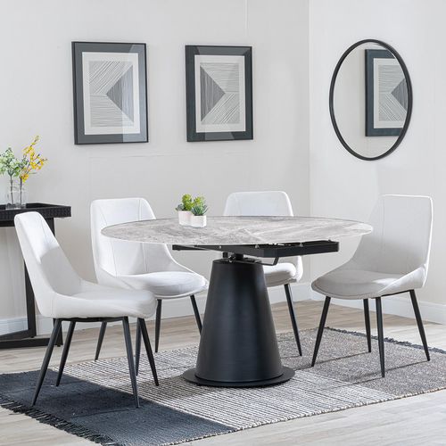Carrara Grey Ceramic 4 Seater Round Extending Dining Set - 4 Darwin Cream Fabric Dining Chair