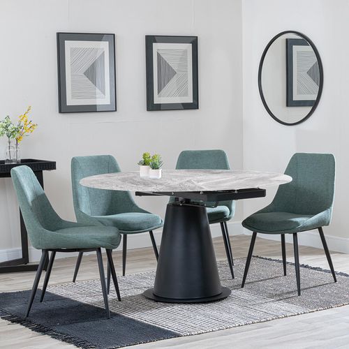 Carrara Grey Ceramic 4 Seater Round Extending Dining Set - 4 Darwin Green Fabric Dining Chair