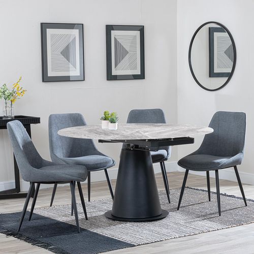 Carrara Grey Ceramic 4 Seater Round Extending Dining Set - 4 Darwin Grey Fabric Dining Chair