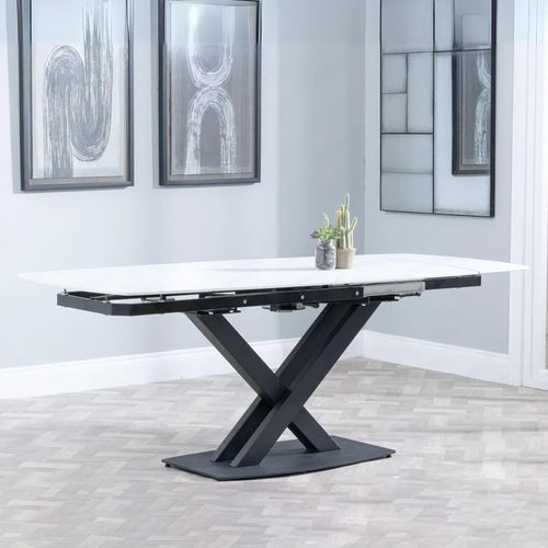Arctic 6-8 Seater White Ceramic Swivel Top Extending Dining Table with Black Cross Base - 140cm-200cm