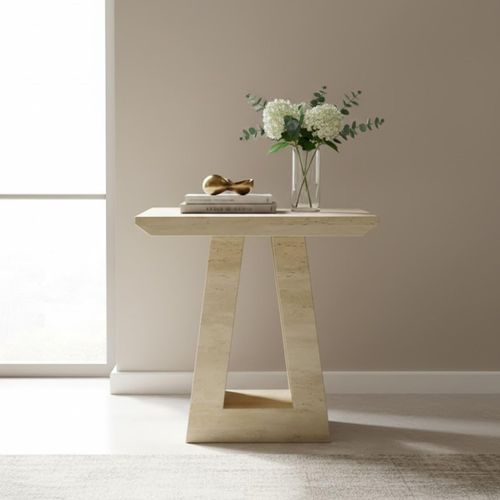 Milan Travertine Beige Engineered Marble Square Side Table