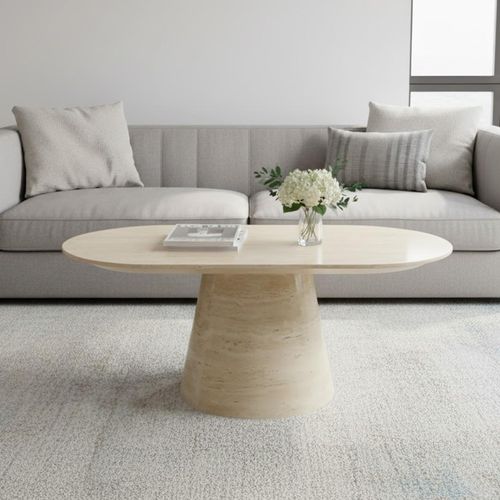 Carrera Travertine Beige Engineered Marble Oval Coffee Table