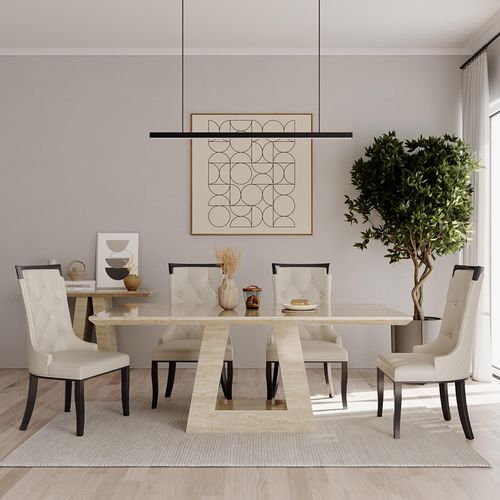 Milan Beige Marble Dining Set - Carmela Cream Leather Dining Chair