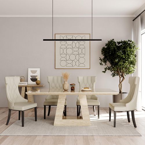 Milan Beige Marble Dining Set - Mimi Cream Leather Dining Chair