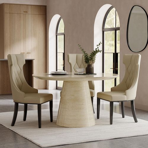 Carrera 4 Seater Beige Marble Round Dining Set - 4 Mimi Cream Leather Dining Chair