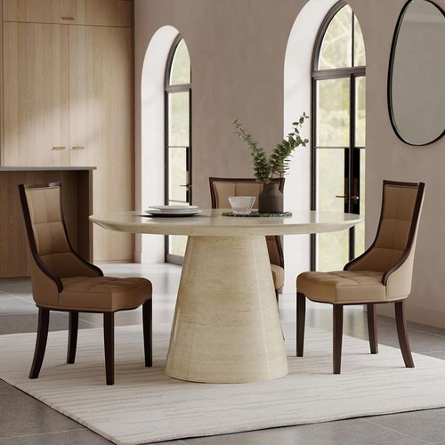Carrera 4 Seater Beige Marble Round Dining Set - 4 Paris Taupe Leather Dining Chair with Brown Legs