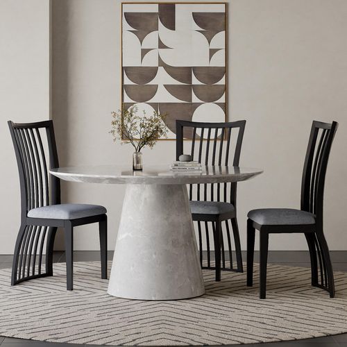 Carrera 4 Seater Grey Marble Round Dining Set - 4 Athena Black High Gloss Slatted Back Dining Chair with Grey Seat Pads