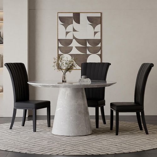 Carrera 4 Seater Grey Marble Round Dining Set - 4 Cadiz Black Leather Dining Chair