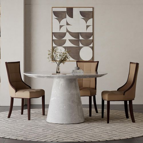 Carrera 4 Seater Grey Marble Round Dining Set - 4 Paris Taupe Leather Dining Chair with Brown Legs