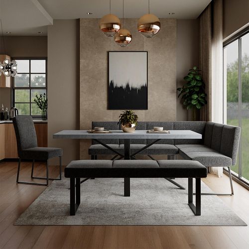 Ezra Grey Dining Set with Spider Legs - Bronx Dark Grey Fabric 1 RHF Corner Bench, 1 Low Bench and 1 Chair